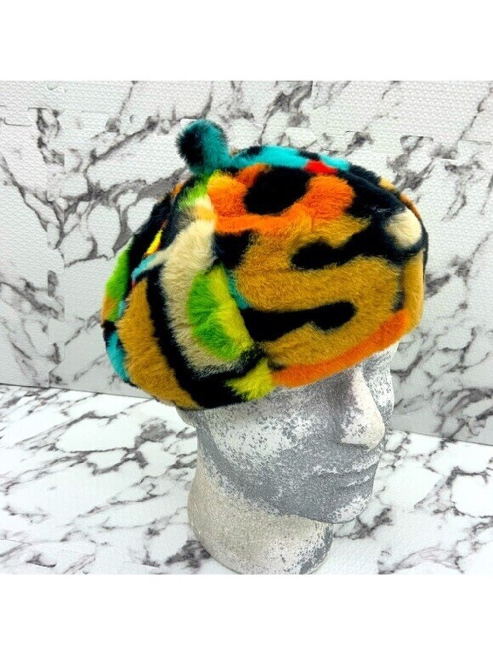 Men's Black Multicolor Letter Fluffy Faux Fur Warm Beret Hat